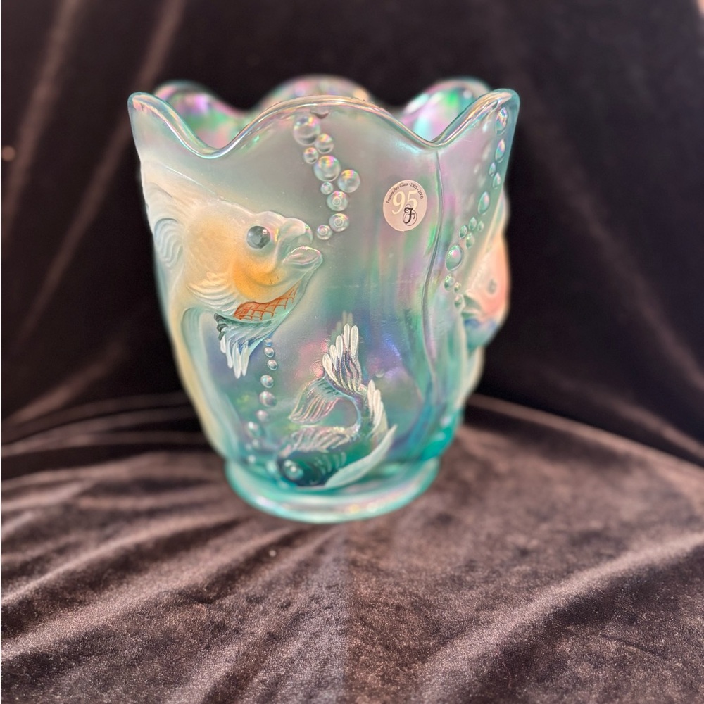 Fenton 95th Anniversary Hand-Painted Iridized Fish Vase Signed, Rare Aqua Finish